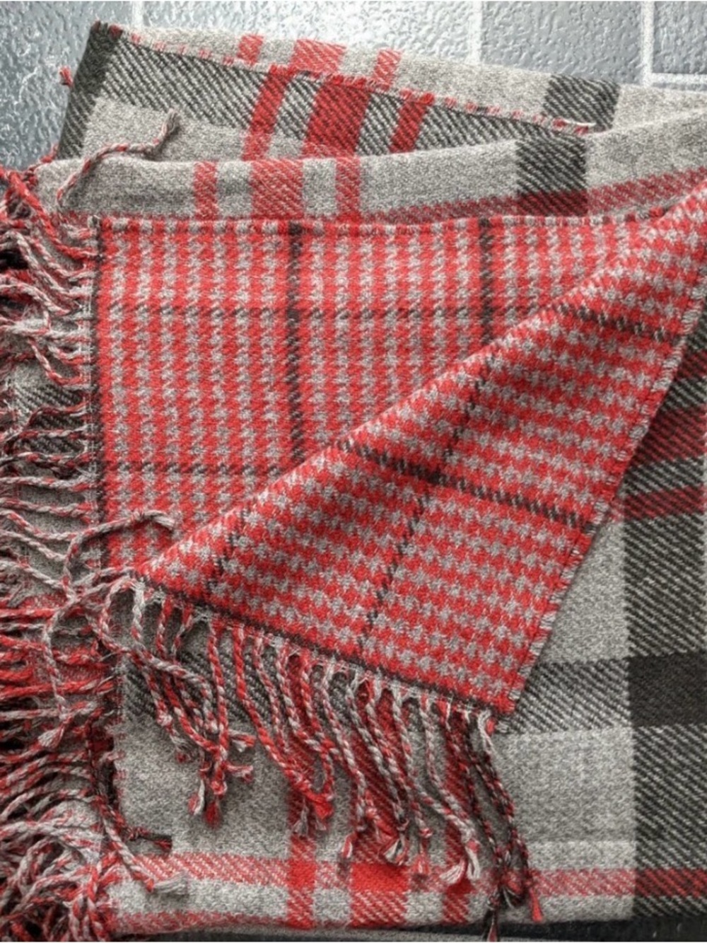 Pottery Barn Whitaker Gray and Red Plaid Reversible Throw
